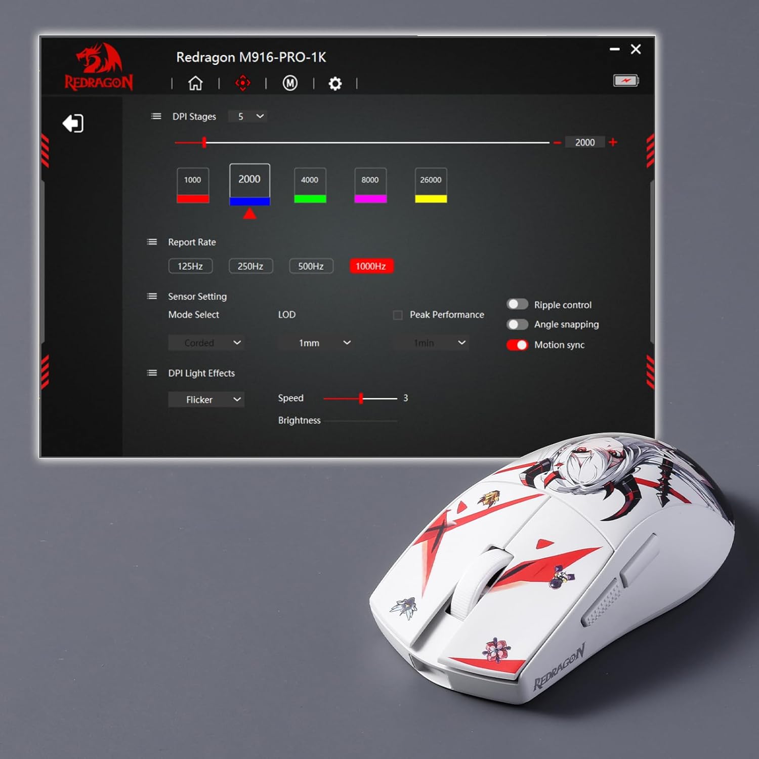 Redragon M916AK PRO 3-Mode Anime Gaming Mouse, 42G Ultra-Light 26K DPI Gaming Mouse w/Ergonomic Natural Grip Build, Full Programmable Buttons, Software Supports DIY Keybinds & DPI - Image 7