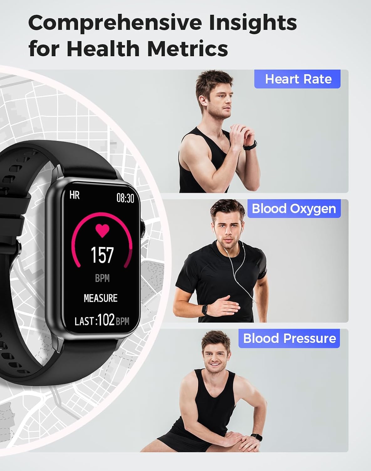 Health Fitness Tracker Smart Watch with 24/7 Heart Rate Blood Oxygen Blood Pressure Monitor Sleep Tracker 128 Exercise Modes Step Calorie Counter Pedometer IP68 Waterproof for Women Men Android iOS - Image 2