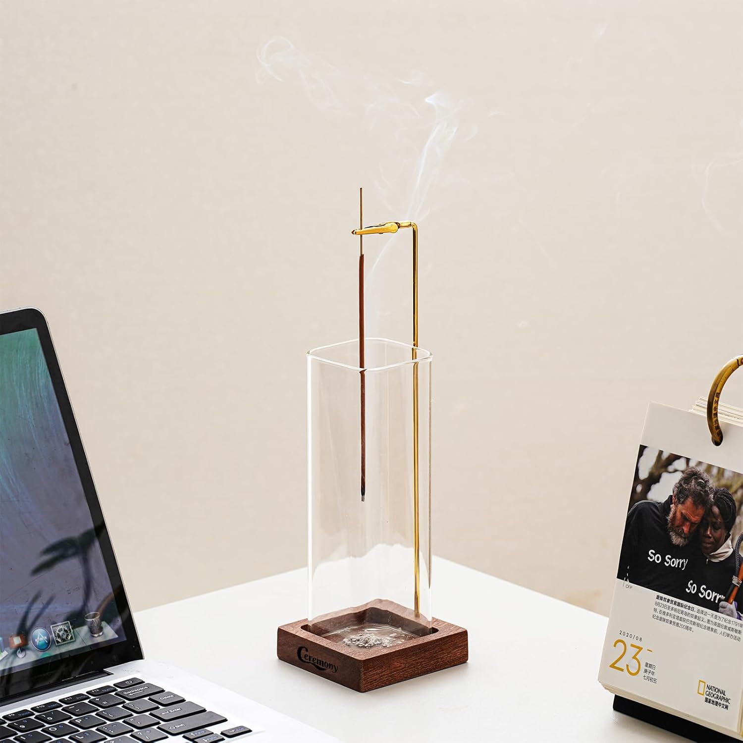 Ceremony Incense Holder, Wooden Incense Holder for Sticks with Glass Ash Catcher, Anti-ash Incense Burner with 20 Incense Sticks and a Ash Brush for Meditation Yoga Spa Room Decor - Image 3