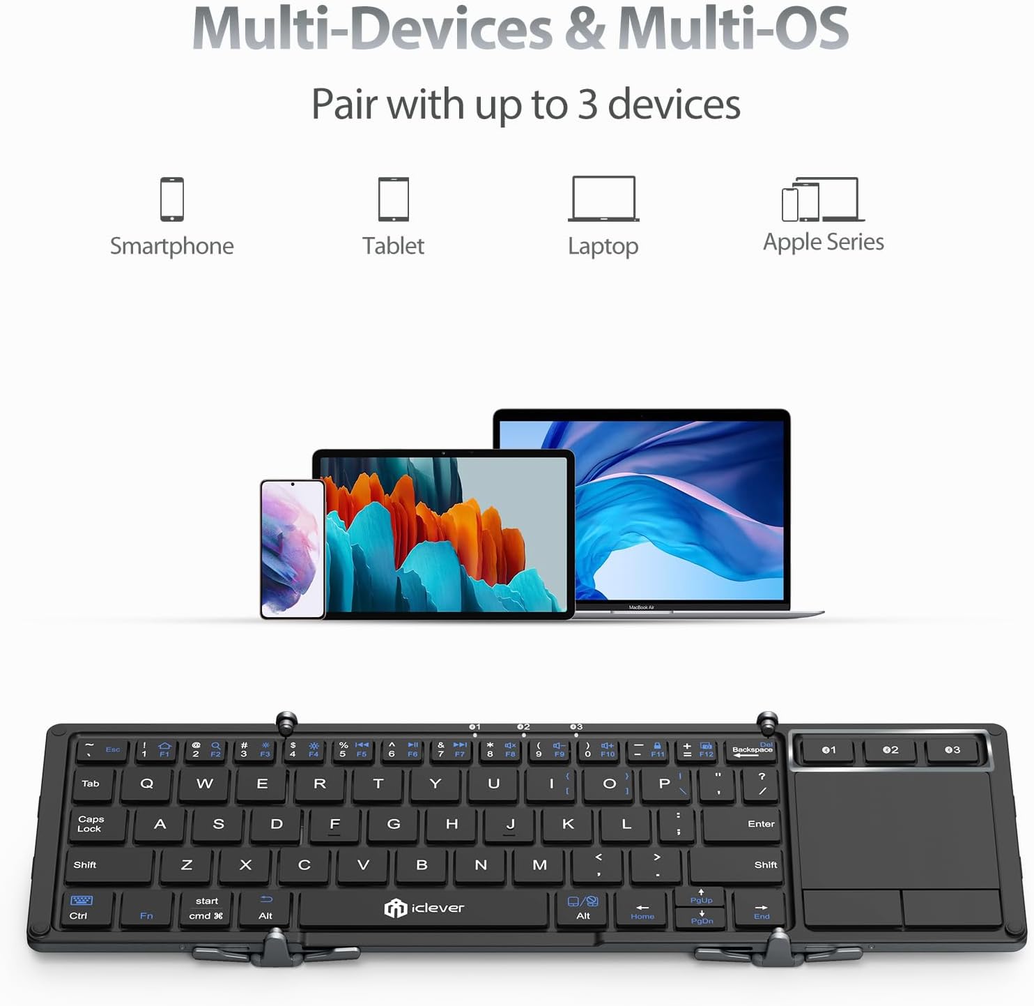 iClever Foldable Keyboard, BK08 Bluetooth Keyboard with Sensitive Touchpad, Multi Devices, Pocket-Sized Tri-Folding Portable Keyboard for iPad, iPhone, Smartphone, Laptop and Table - Image 3