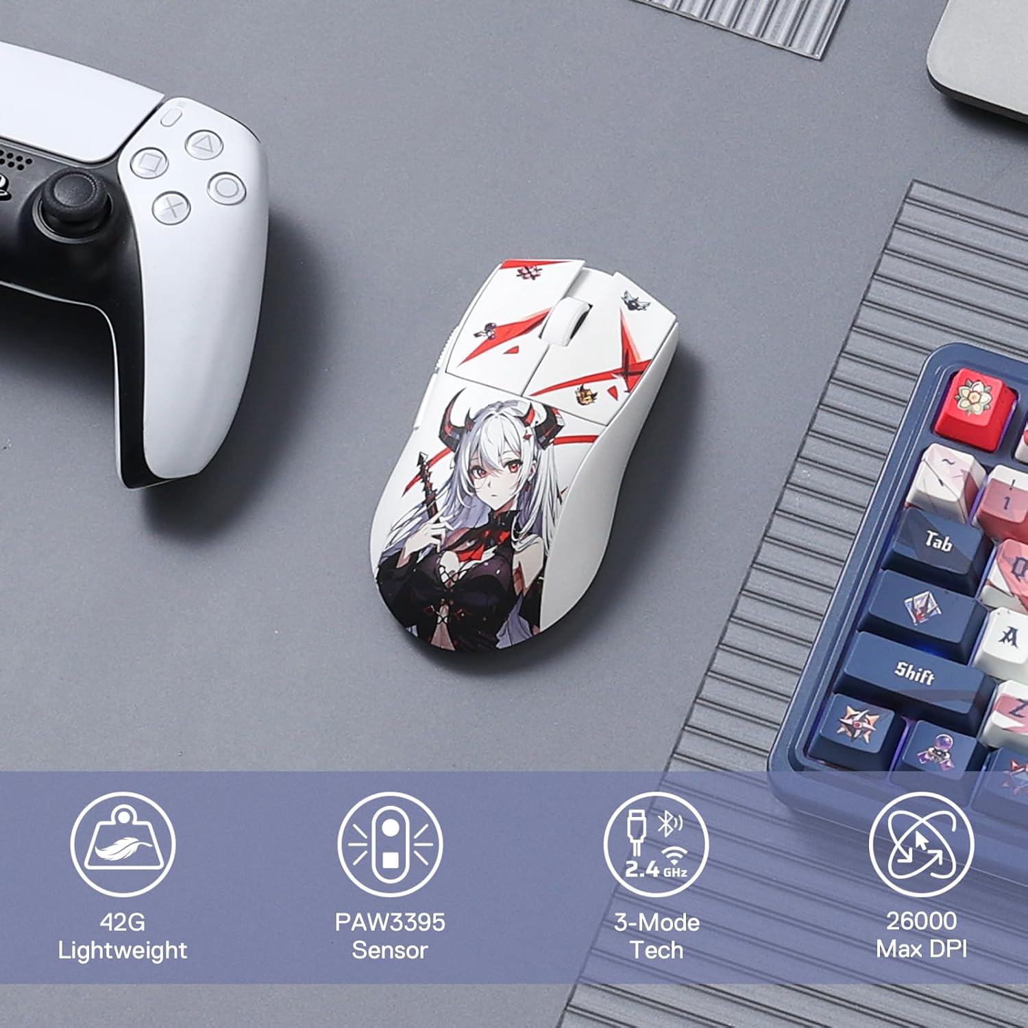 Redragon M916AK PRO 3-Mode Anime Gaming Mouse, 42G Ultra-Light 26K DPI Gaming Mouse w/Ergonomic Natural Grip Build, Full Programmable Buttons, Software Supports DIY Keybinds & DPI - Image 2