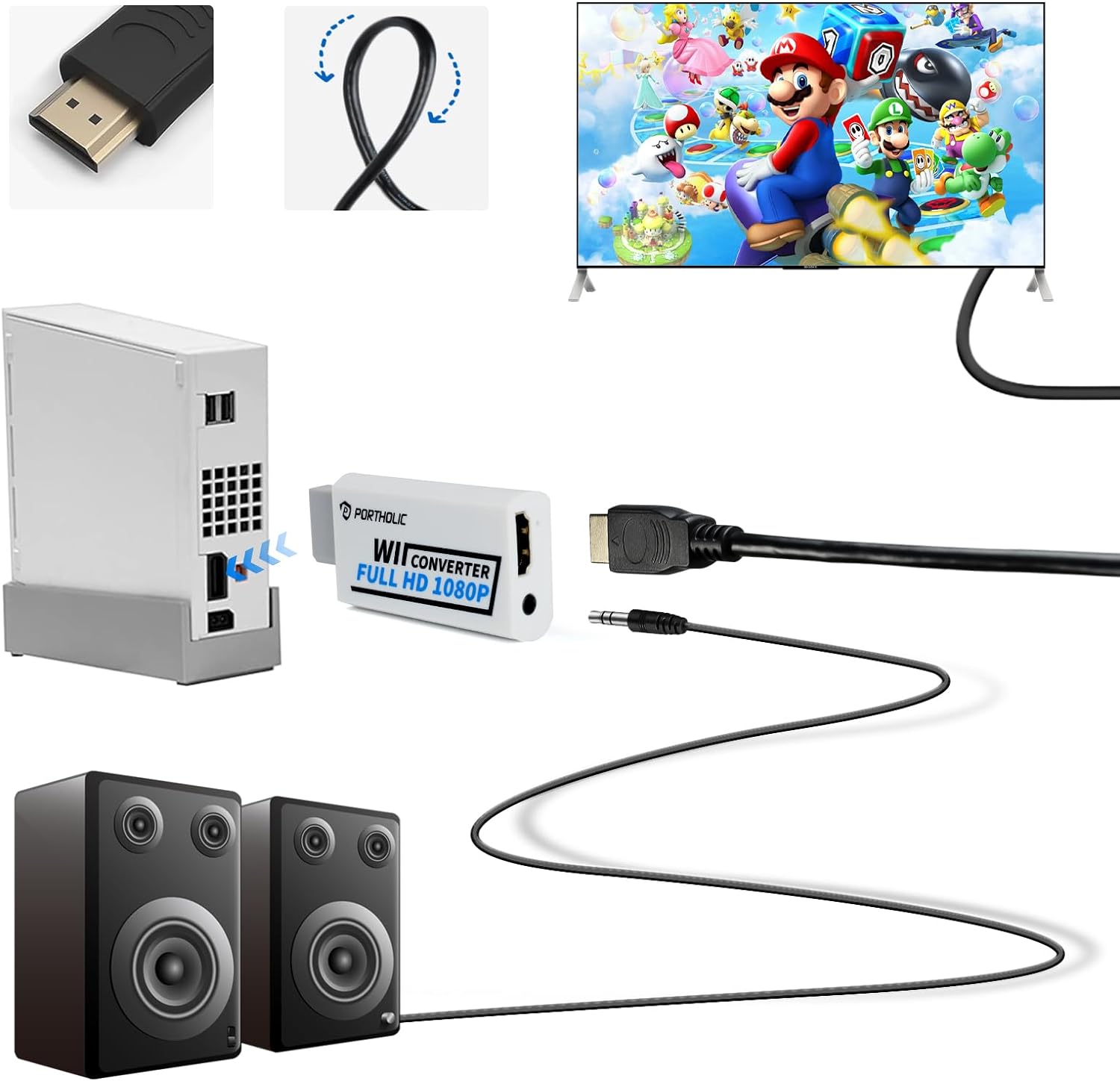 PORTHOLIC Wii to HDMI Converter 1080P for Full HD Device, Wii HDMI Adapter with 3,5mm Audio Jack&HDMI Output Compatible with Wii, Wii U, HDTV, Monitor-Supports All Wii Display Modes 720P, NTS - Image 6