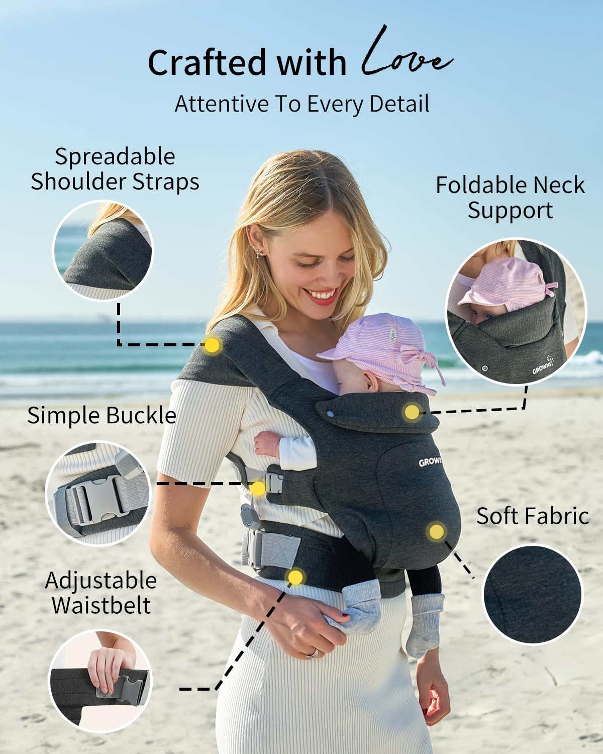 GROWNSY Baby Carrier, Cozy Baby Wraps Carrier, Ergonomic Baby Carrier Newborn to Toddler with Head Support, Deep Grey - Image 4