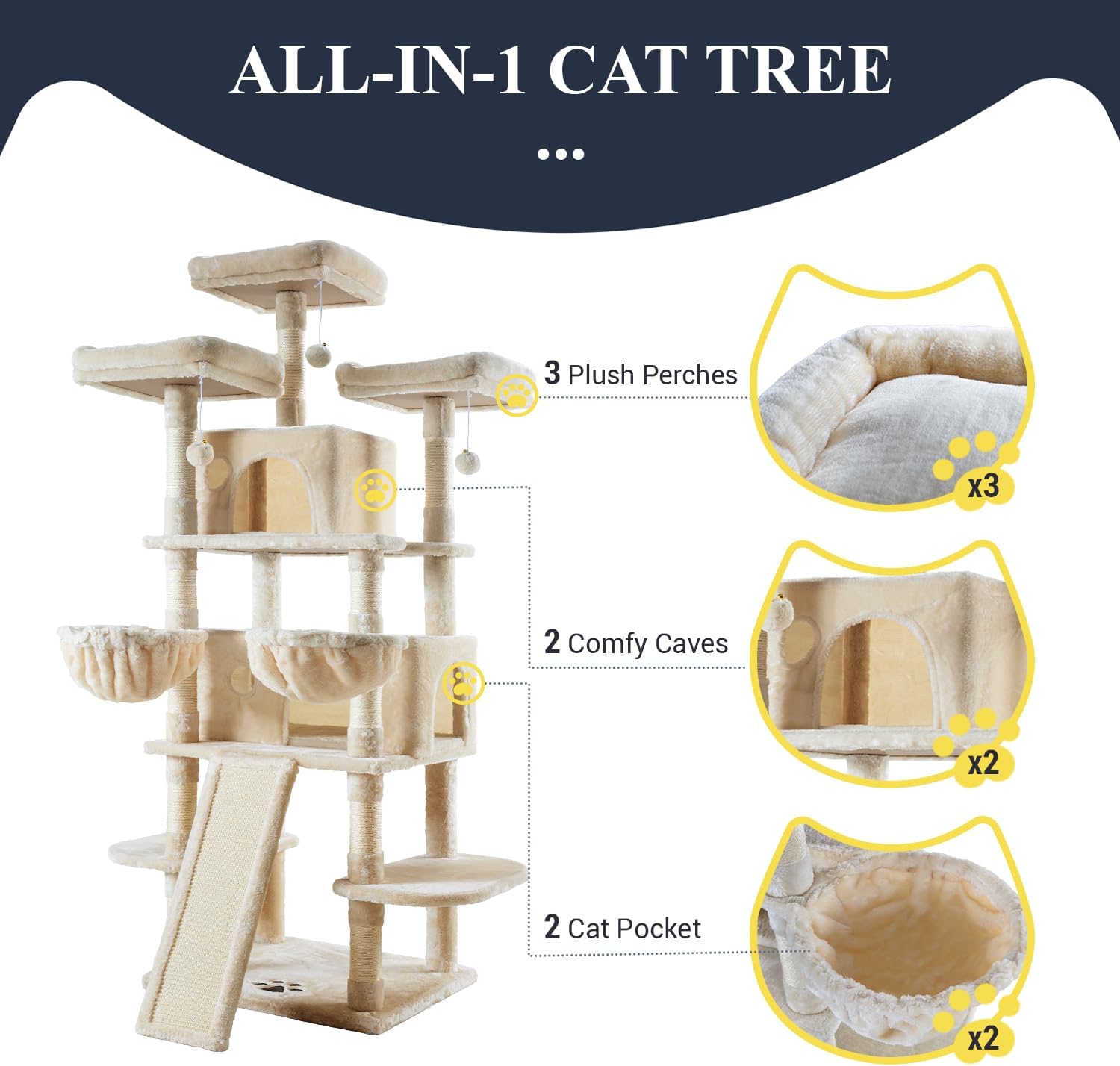 Allewie 68 Inches Cat Tree/House and Towers for Big Feline/Scratching Post/Multi-Level Large Kitty Climbing Tree with Condo/Beige - Image 5