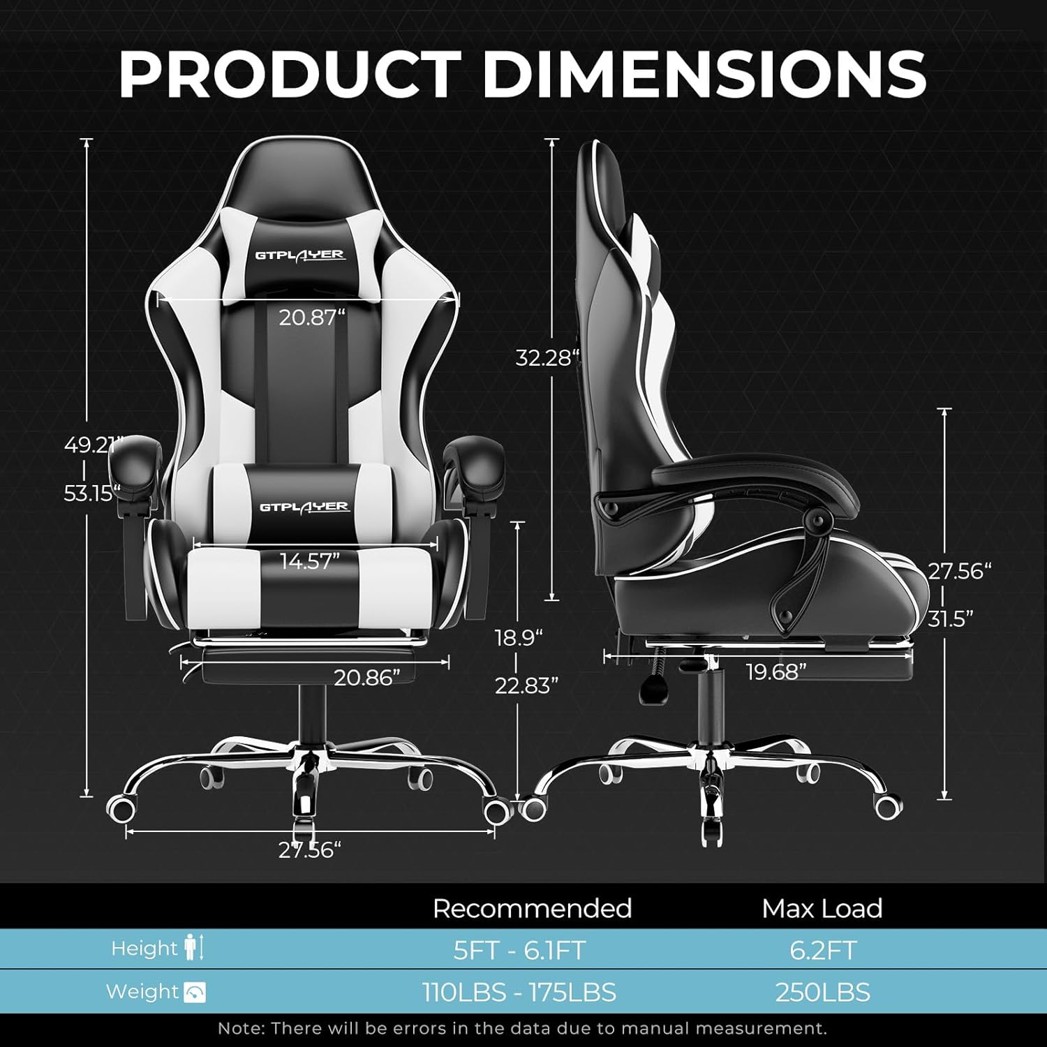 GTPLAYER Gaming Chair, Computer Chair with Footrest and Lumbar Support, Height Adjustable Game Chair with 360°-Swivel Seat and Headrest and for Office or Gaming (White) - Image 3
