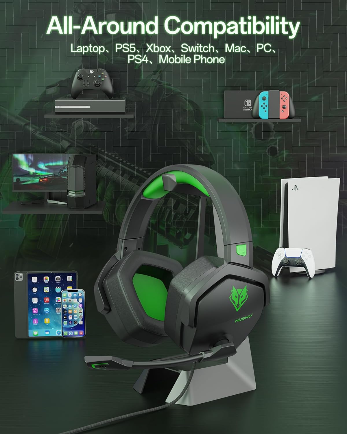 NUBWO N16 Gaming Headset for Xbox, PS5, PS4, PC, NS, Mac - Over Ear Headphones with Microphone, Stereo Sound, Wired Xbox Headet with 3.5mm Audio Jack (Black Green) - Image 6