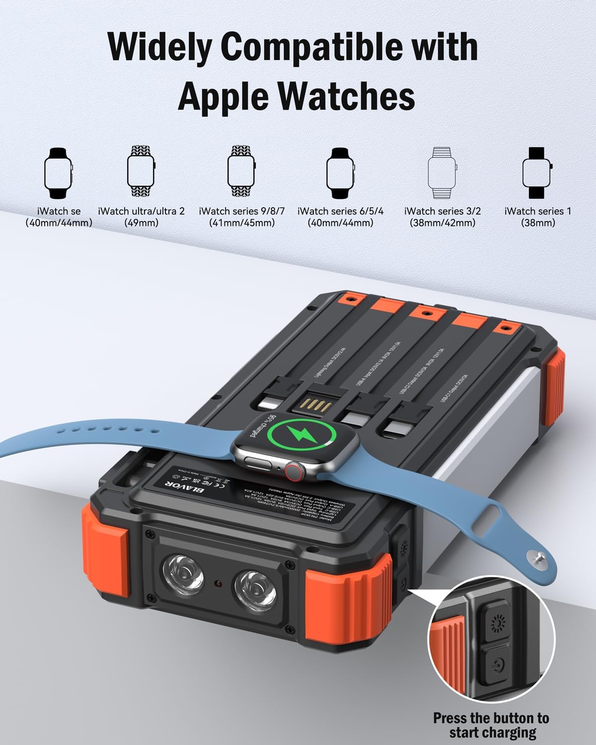 BLAVOR Solar Charger 20000mAh Built-in Cables, 20W Fast Charging Portable Power Bank with USB C, Camping Light, Flashlight, Battery Pack for iPhone 16 15 14 13 12 11, iPad, Samsung, Apple Watch - Image 5