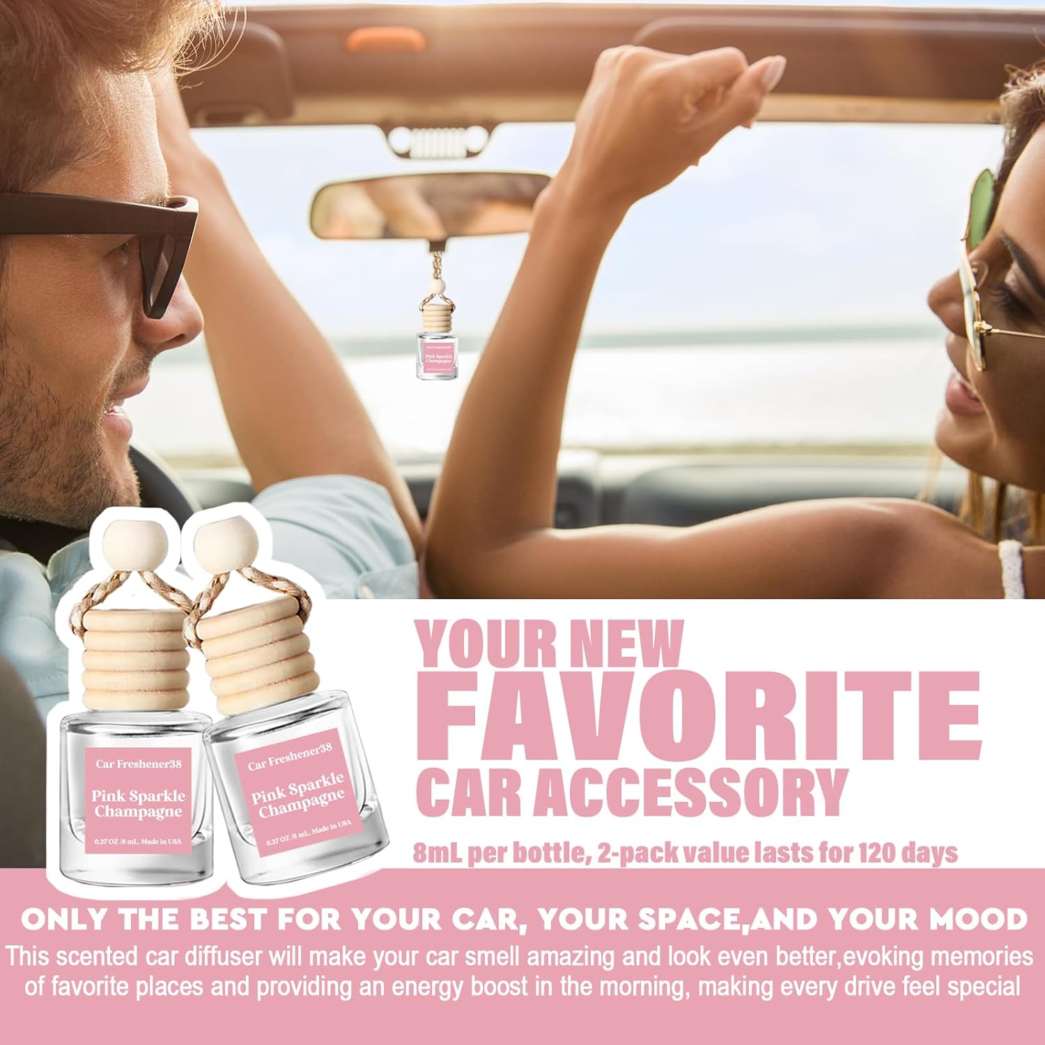 HoogaLife Car Air Freshener Diffuser 2 Pack Hanging Air Freshener Diffuser - Pink Sparkle Champagne Fragrance Oil Air Diffuser for Car, 45+ Days Long Lasting Fragrance Made in USA Car Air Fresheners - Image 3