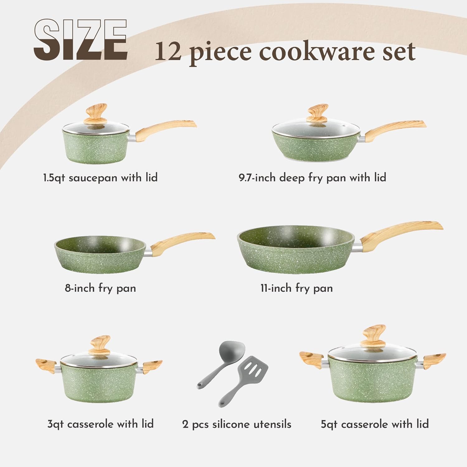 Kitchen Academy Induction Cookware Sets - 12 Piece Green Cooking Pan Set, Granite Nonstick Pots and Pans Set - Image 5