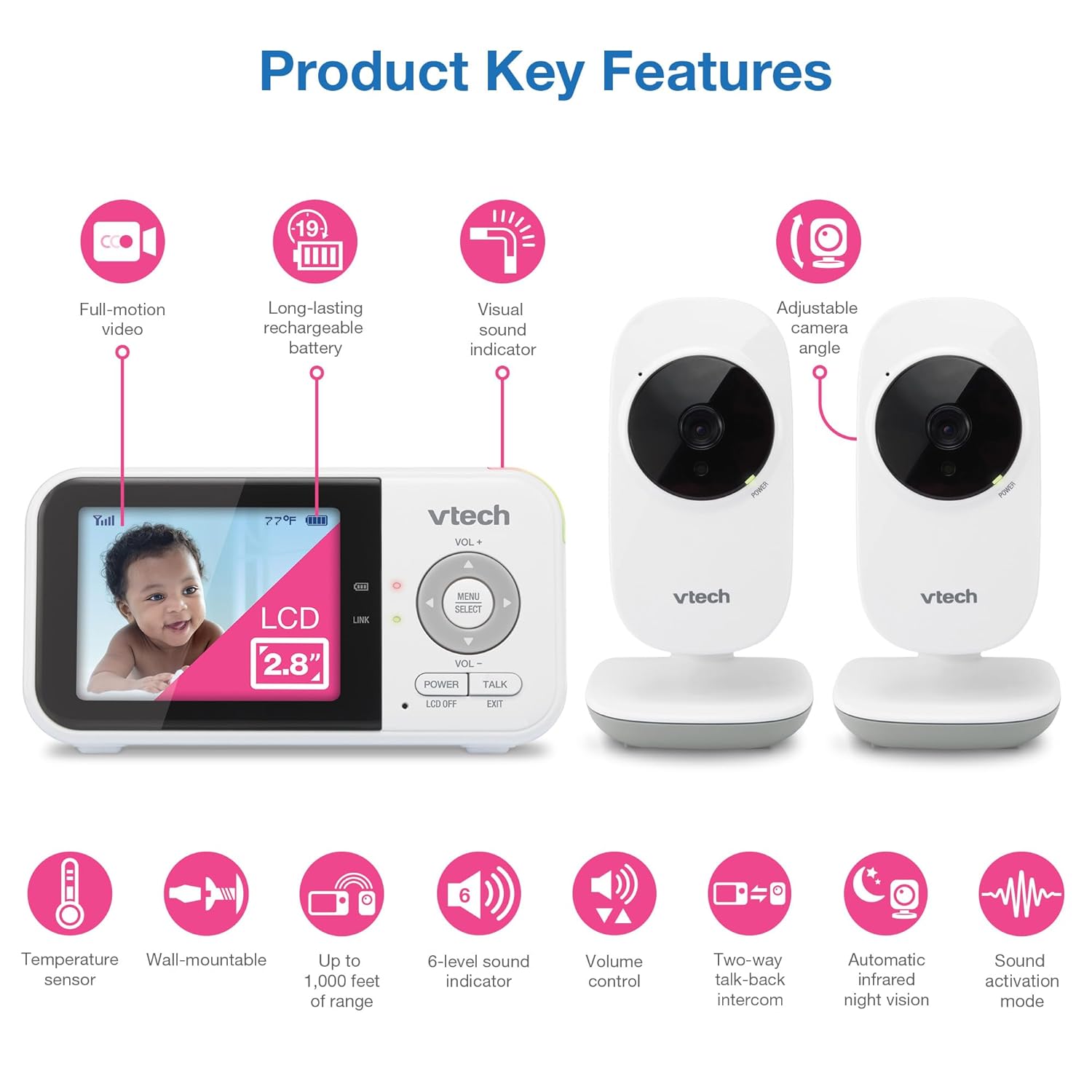 VTech VM819-2 Baby Monitor, 2.8” Screen, 2 Cameras, 1000ft Range, Night Vision, 2-Way Audio, Temperature Sensor, Lullabies, Secured Transmission No WiFi - Image 2