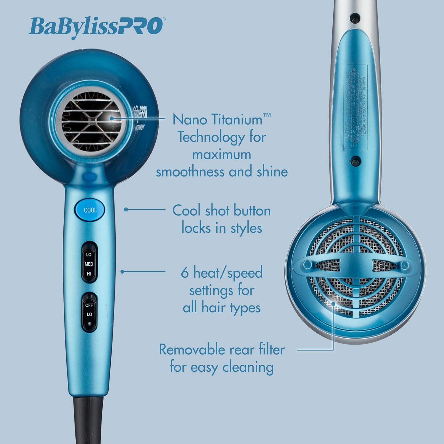 BaBylissPRO Hair Dryer, Nano Titanium 2000-Watt Blow Dryer, Professional/Ionic - Image 2