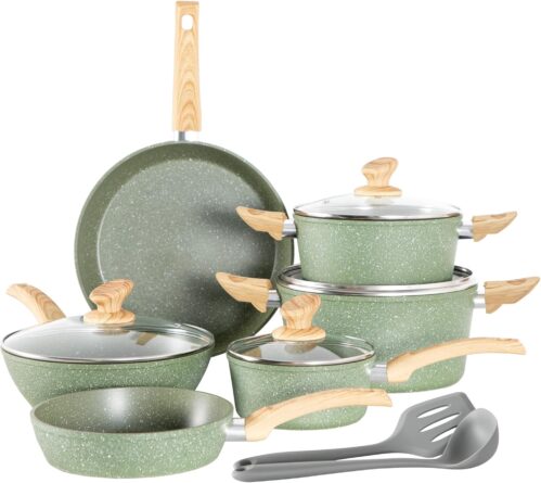 Kitchen Academy Induction Cookware Sets – 12 Piece Green Cooking Pan Set, Granite Nonstick Pots and Pans Set