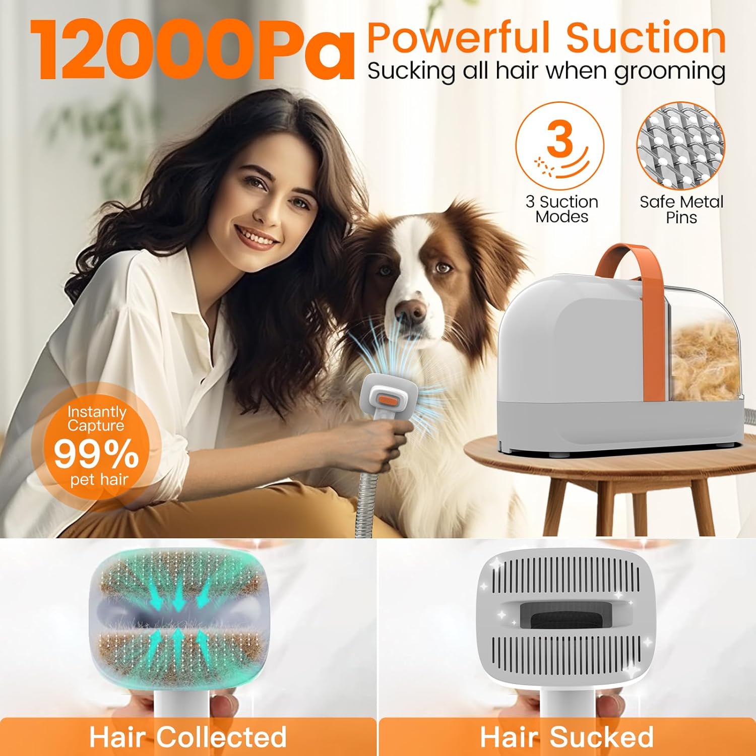 Dog Grooming Vacuum, Dog Grooming Kit with Pet Clippers, 12,000Pa Pet Hair Vacuum Pet Grooming Vacuum for Dogs, Dog Vacuum for Shedding Grooming, Low Noise Dog Shedding Brush Pet Vacuum, PG10 - Image 2