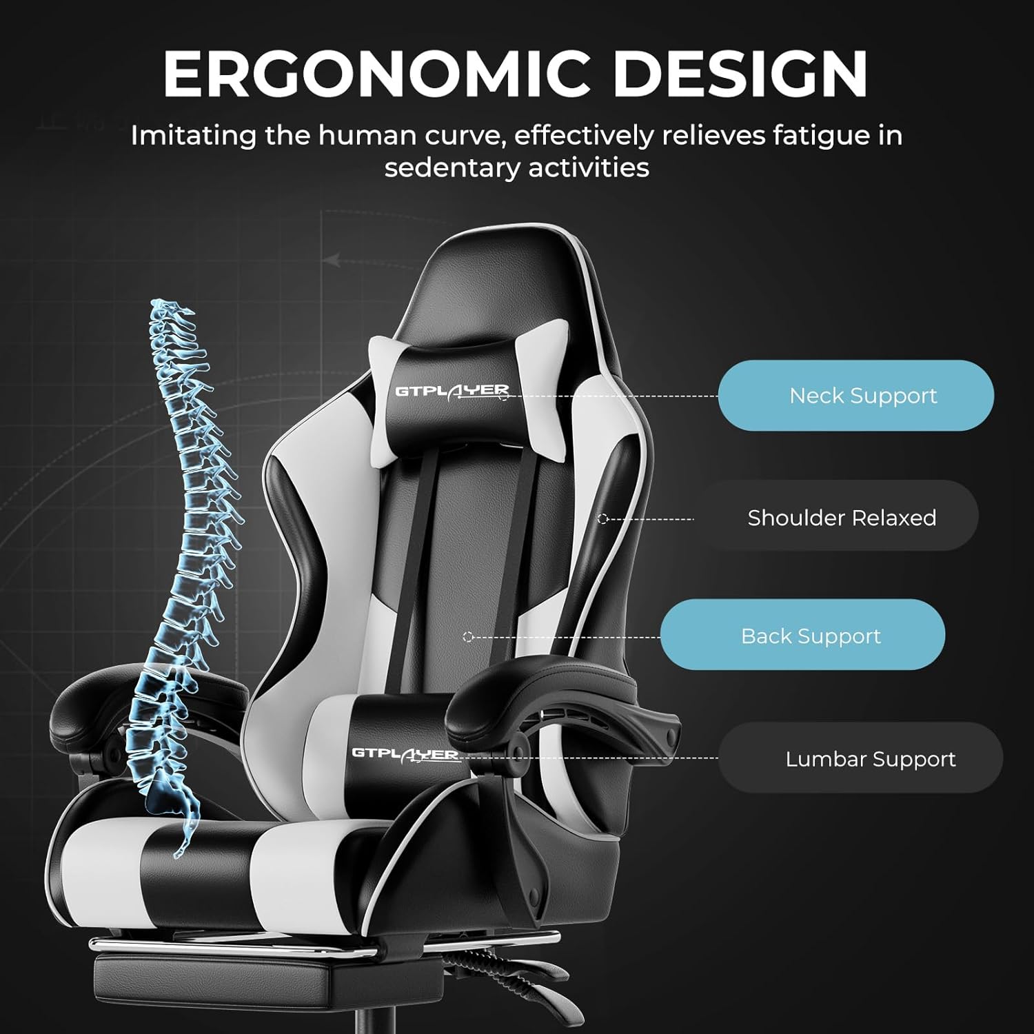 GTPLAYER Gaming Chair, Computer Chair with Footrest and Lumbar Support, Height Adjustable Game Chair with 360°-Swivel Seat and Headrest and for Office or Gaming (White) - Image 8