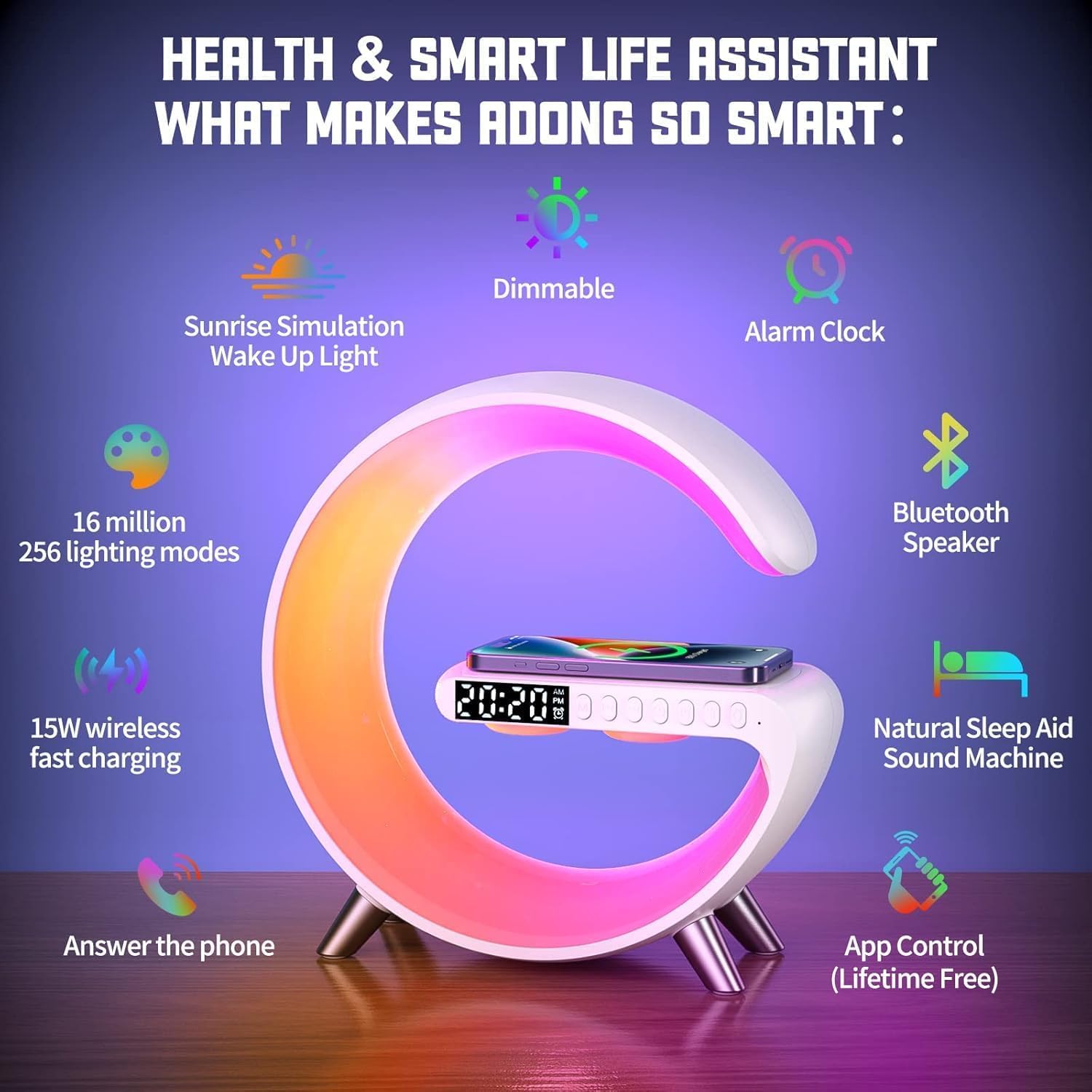 Smart LED Table Lamp, 4-in-1 Wireless Charger, Night Light, Alarm Clock, and Bluetooth Speaker with App Control for Bedroom, Office, and Home Decor (White) - Image 2