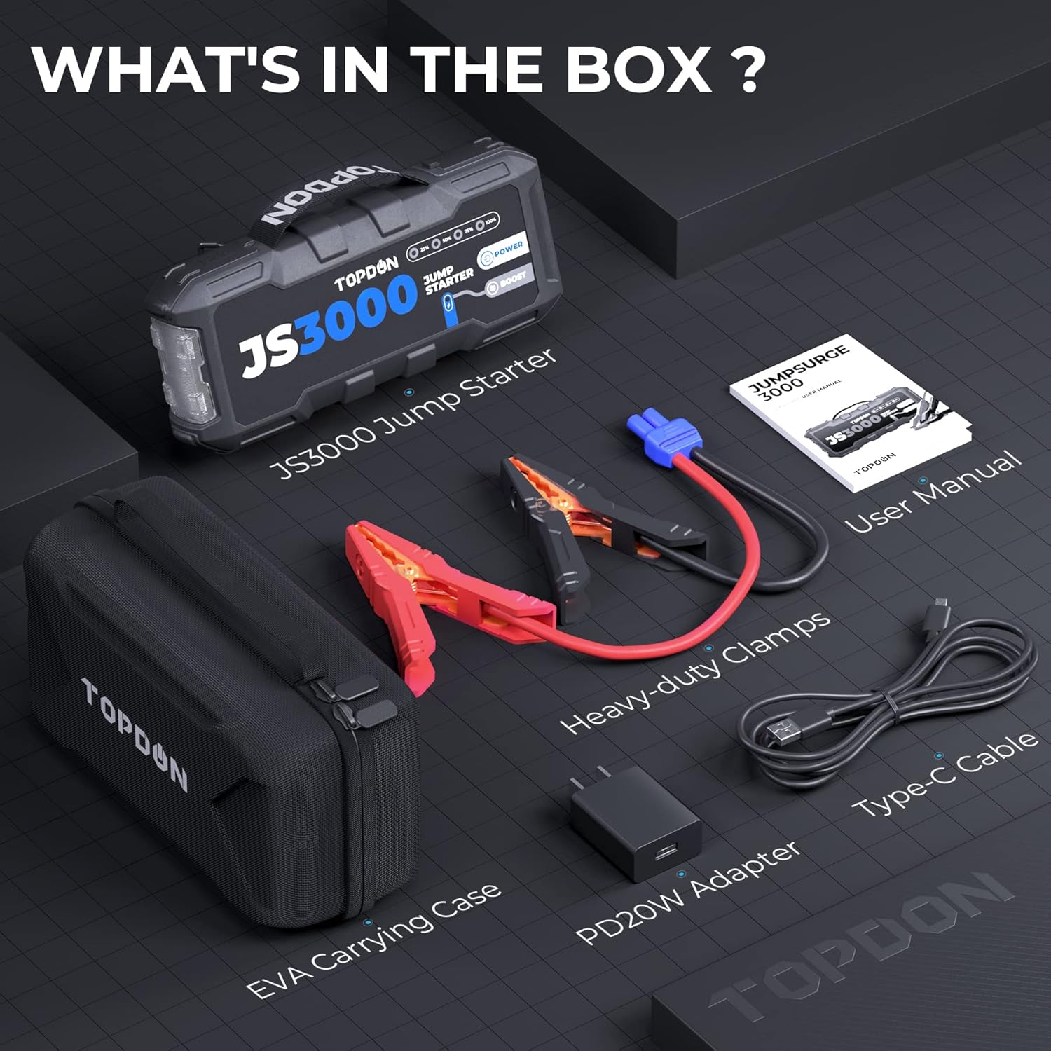 JS3000 12V 3000A Battery Booster Jump Starter Pack for Up to 9L Gas/ 7L Diesel Engines, Portable Car Battery Charger with Handle Jumper Cable and EVA Protection Case - Image 8