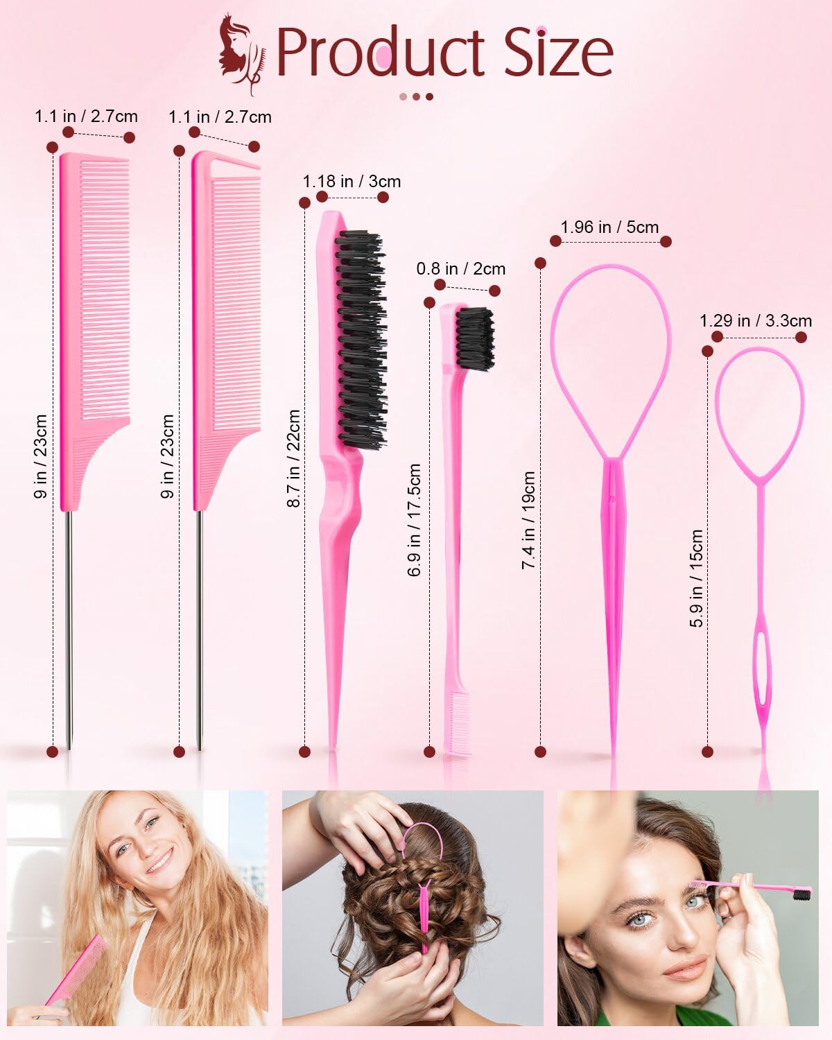 Aigee 8Pcs Hair Styling Combs Set Include 4Pcs Topsy Hair Tail Tools 2 Styles of Rat Tail Comb,1Pcs Bristle Teasing And Slick Back Hair Brush,1Pcs Edge Control Brush,Eyebrow Brush for Woman Girl Pink - Image 3