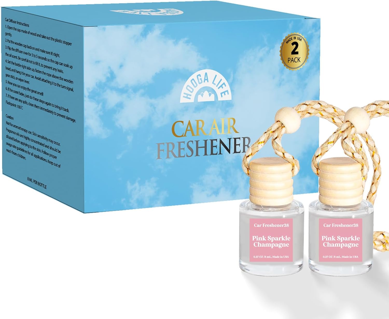 HoogaLife Car Air Freshener Diffuser 2 Pack Hanging Air Freshener Diffuser - Pink Sparkle Champagne Fragrance Oil Air Diffuser for Car, 45+ Days Long Lasting Fragrance Made in USA Car Air Fresheners - Image 5