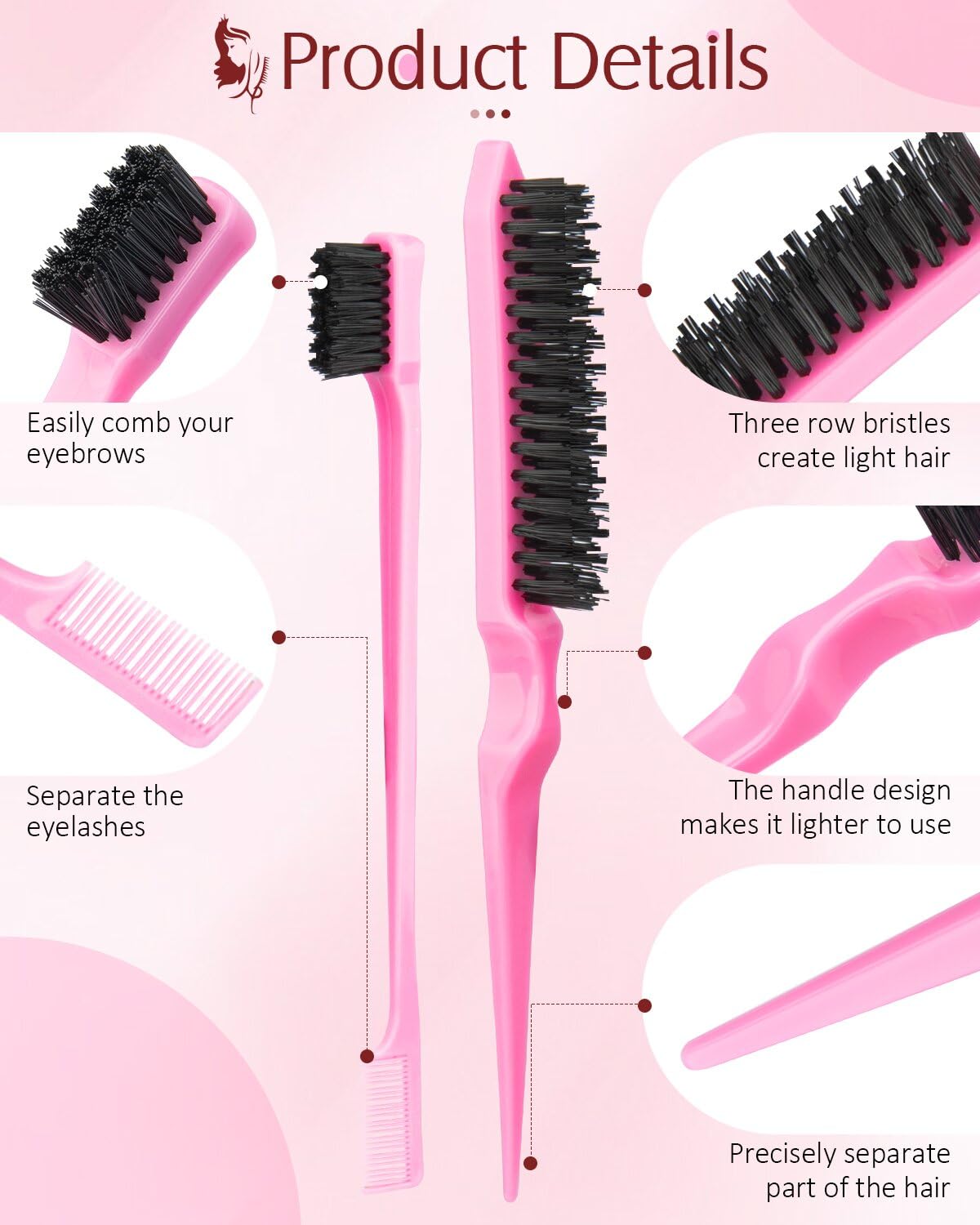 Aigee 8Pcs Hair Styling Combs Set Include 4Pcs Topsy Hair Tail Tools 2 Styles of Rat Tail Comb,1Pcs Bristle Teasing And Slick Back Hair Brush,1Pcs Edge Control Brush,Eyebrow Brush for Woman Girl Pink - Image 4