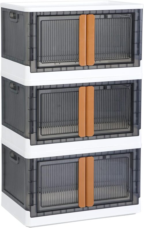 HAIXIN Storage Bins with Lids – Collapsible Storage Bins, Wardrobe Closet Organizer, 19 Gal Stackable Toy Storage, Foldable Plastic Storage Container with Door, Crate for Book Storage (3 Pack)