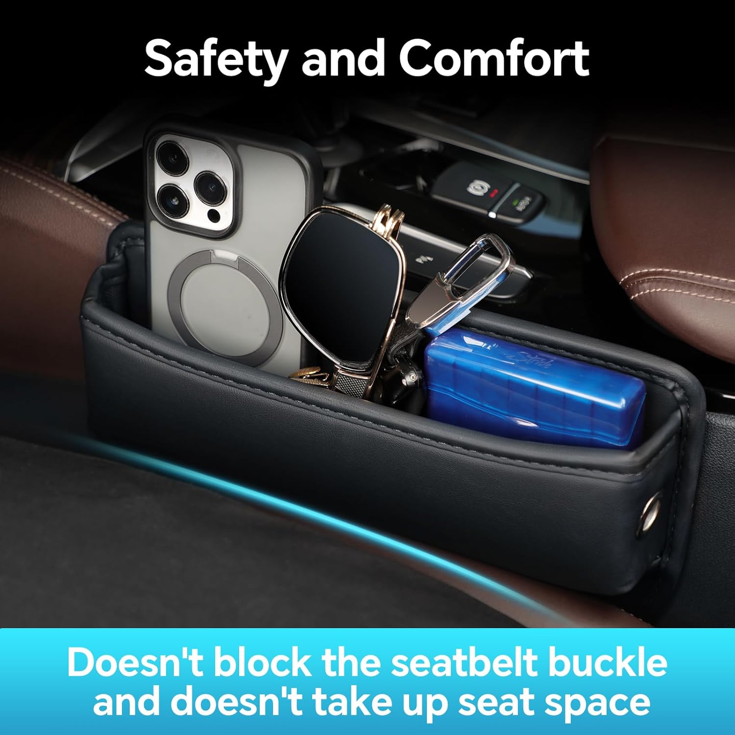 Car Seat Gap Filler, PU Leather Car Seat Organizer Adjustable Console Gap Filler Storage Box, Multifunctional Car Organizer Accessories for Phone Sunglasses Keys Cards - Image 5