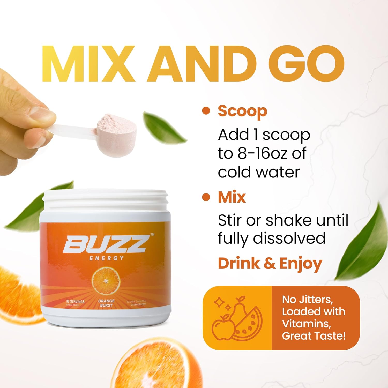 Morning Buzz Energy Drink Powder - Energy Boost Drink Mix - Sugar-Free Energy with Antioxidants - Morning Kickstart and Sports Nutrition Endurance Product - 30 Servings, Orange Burst, 8 Ounces - Image 3