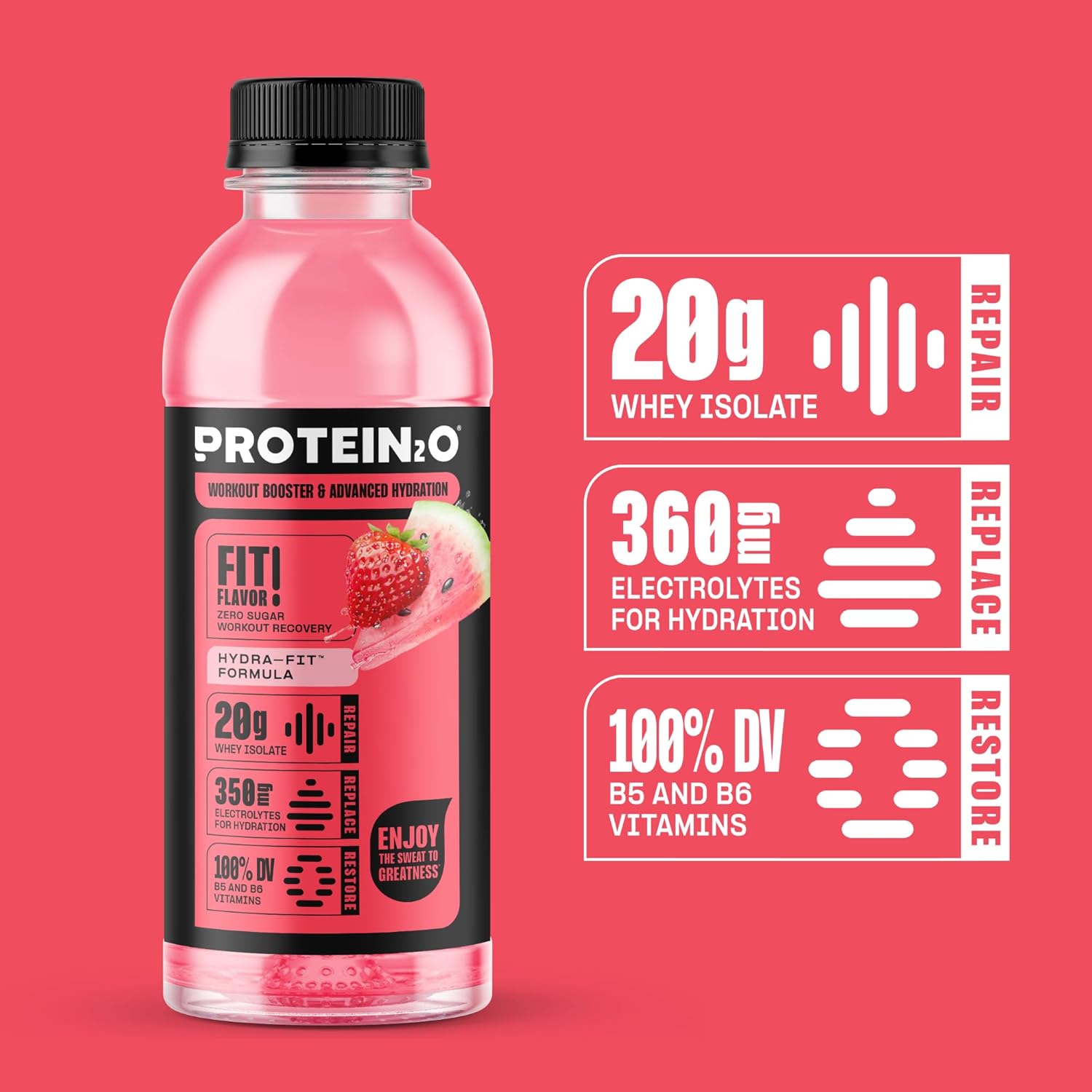 Protein2o 20g Whey Protein Isolate Hydration Drink, 350mg of Electrolytes, Vitamins B5 & B6, Sugar Free, Strawberry Watermelon, 16.9 oz Bottle (12 Count) - Image 4