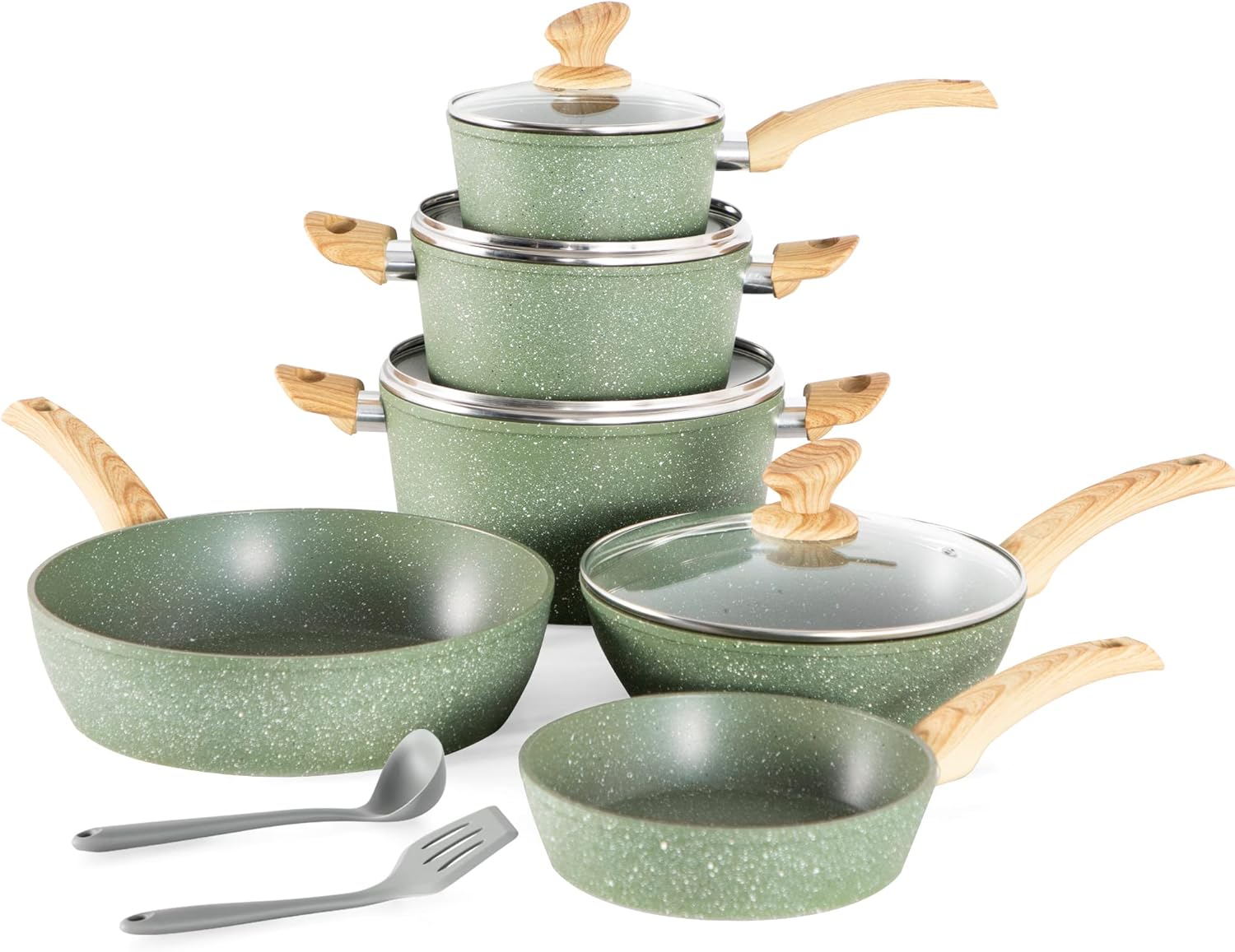 Kitchen Academy Induction Cookware Sets - 12 Piece Green Cooking Pan Set, Granite Nonstick Pots and Pans Set - Image 6