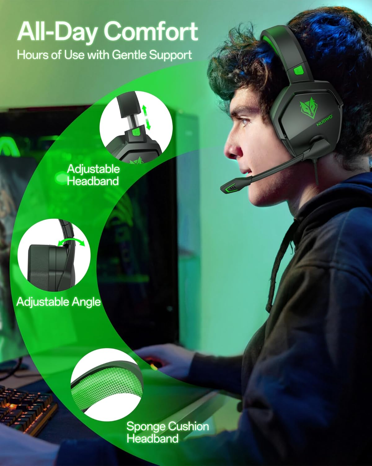 NUBWO N16 Gaming Headset for Xbox, PS5, PS4, PC, NS, Mac - Over Ear Headphones with Microphone, Stereo Sound, Wired Xbox Headet with 3.5mm Audio Jack (Black Green) - Image 4