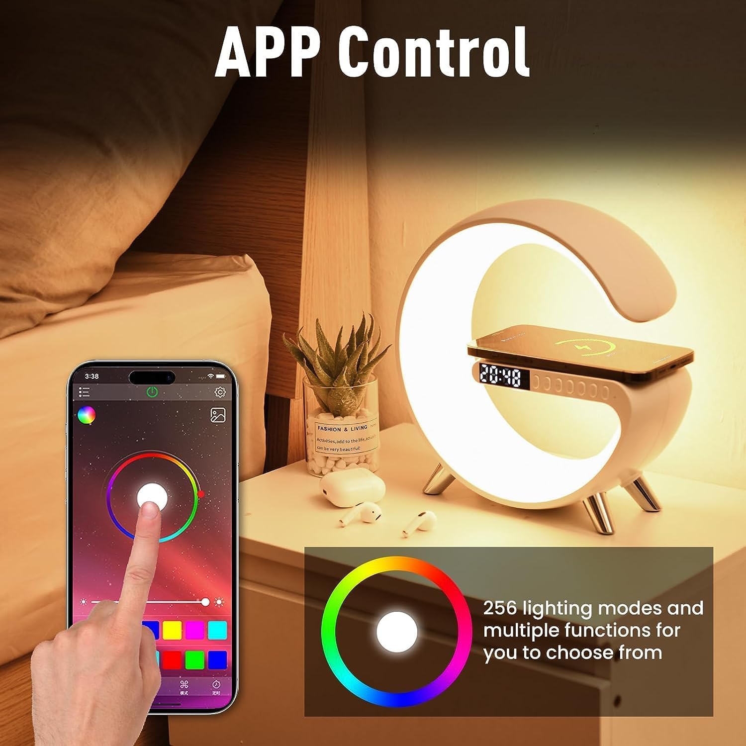 Smart LED Table Lamp, 4-in-1 Wireless Charger, Night Light, Alarm Clock, and Bluetooth Speaker with App Control for Bedroom, Office, and Home Decor (White) - Image 3