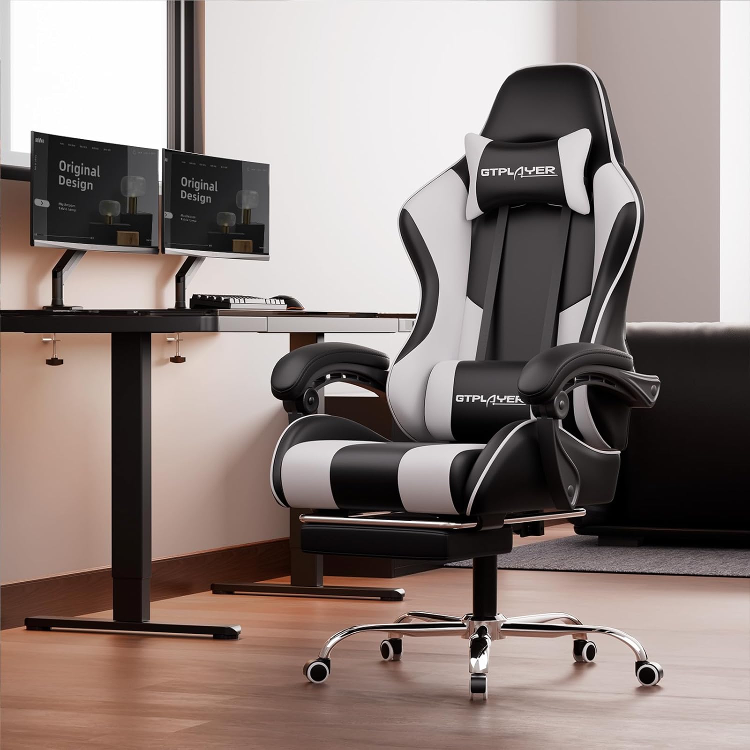 GTPLAYER Gaming Chair, Computer Chair with Footrest and Lumbar Support, Height Adjustable Game Chair with 360°-Swivel Seat and Headrest and for Office or Gaming (White) - Image 2