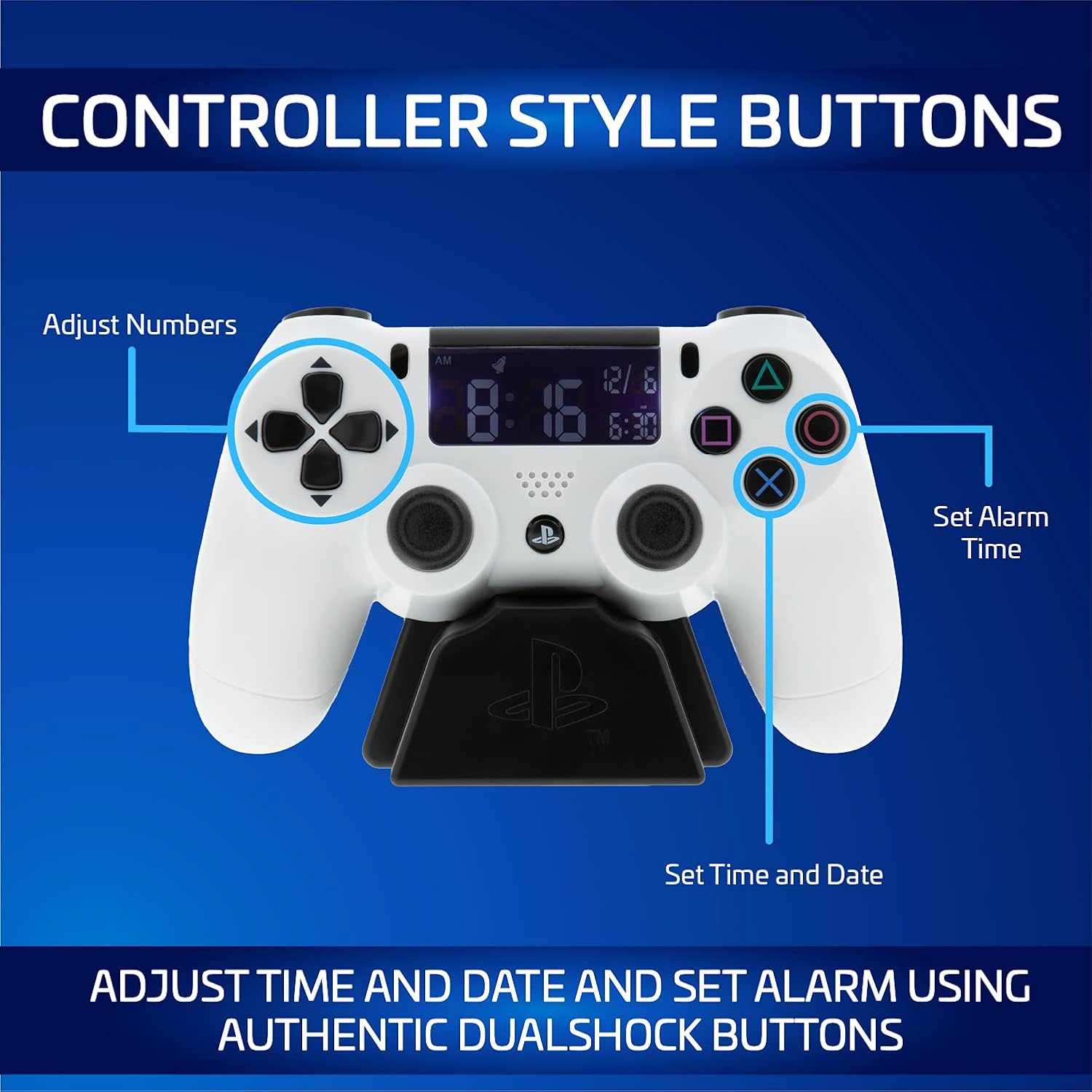 Paladone PlayStation Digital Alarm USB Reverse LCD with Backlight, White PS5 Controller Design, Use D Pad & Buttons to Control & Set Clock, Gamer Decor, PlayStation 5 Gaming Desk Accessories - Image 3