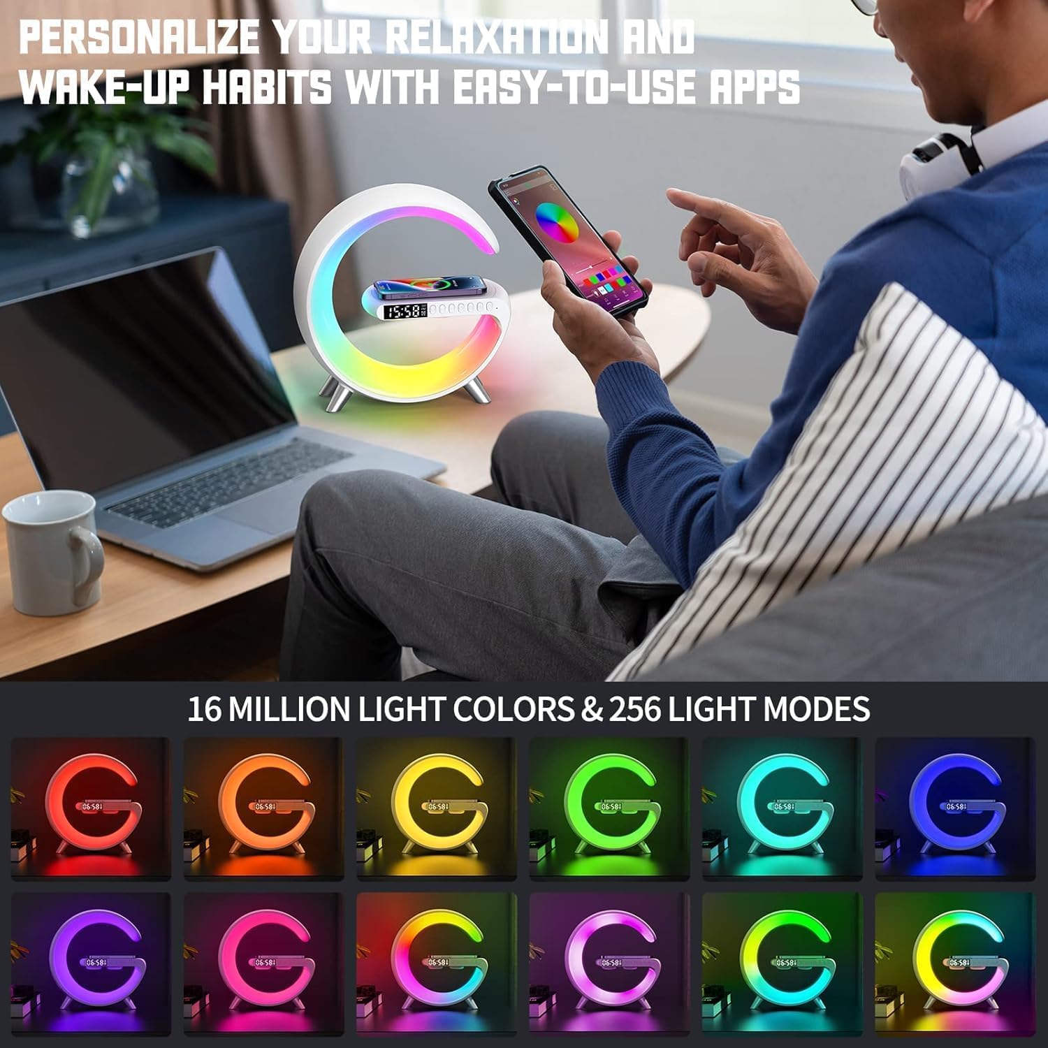 Smart LED Table Lamp, 4-in-1 Wireless Charger, Night Light, Alarm Clock, and Bluetooth Speaker with App Control for Bedroom, Office, and Home Decor (White) - Image 4