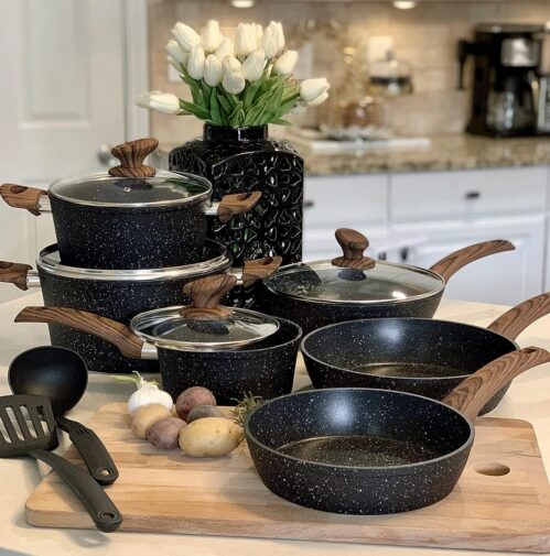 Kitchen Academy Induction Cookware Sets – 12 Piece Cooking Pan Set, Granite Black Nonstick Pots and Pans Set