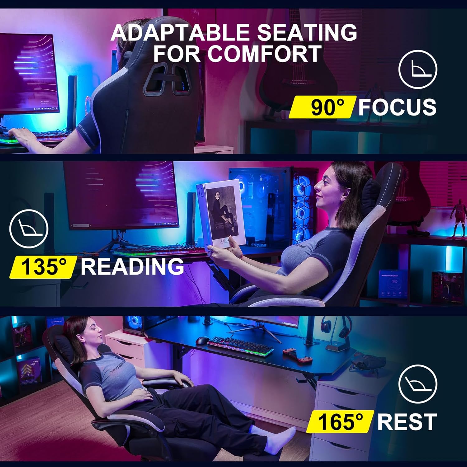 GTPLAYER Gaming Chair, Computer Office Chair with Pocket Spring Cushion, Linkage Armrests and Footrest, High Back Ergonomic Computer Chair with Lumbar Support Task Chair with Footrest(Black) - Image 4