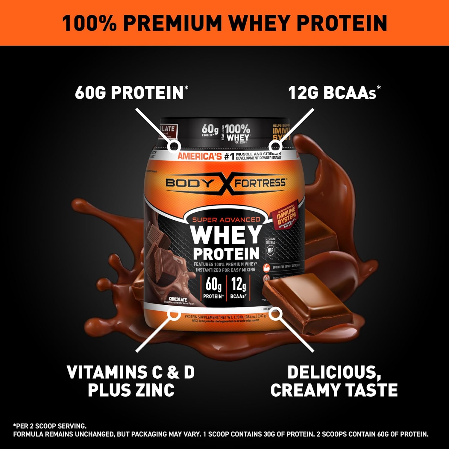 Body Fortress 100% Whey, Premium Protein Powder, Chocolate, 1.78lbs - Image 2