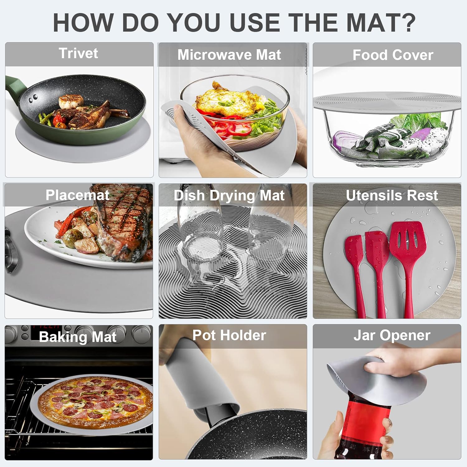10 Inch Microwave Food Cover & Collapsible Silicone Mat - Splatter Guard, Plate Holder & Kitchen Colander for Meal Prep, Charcoal - Image 4