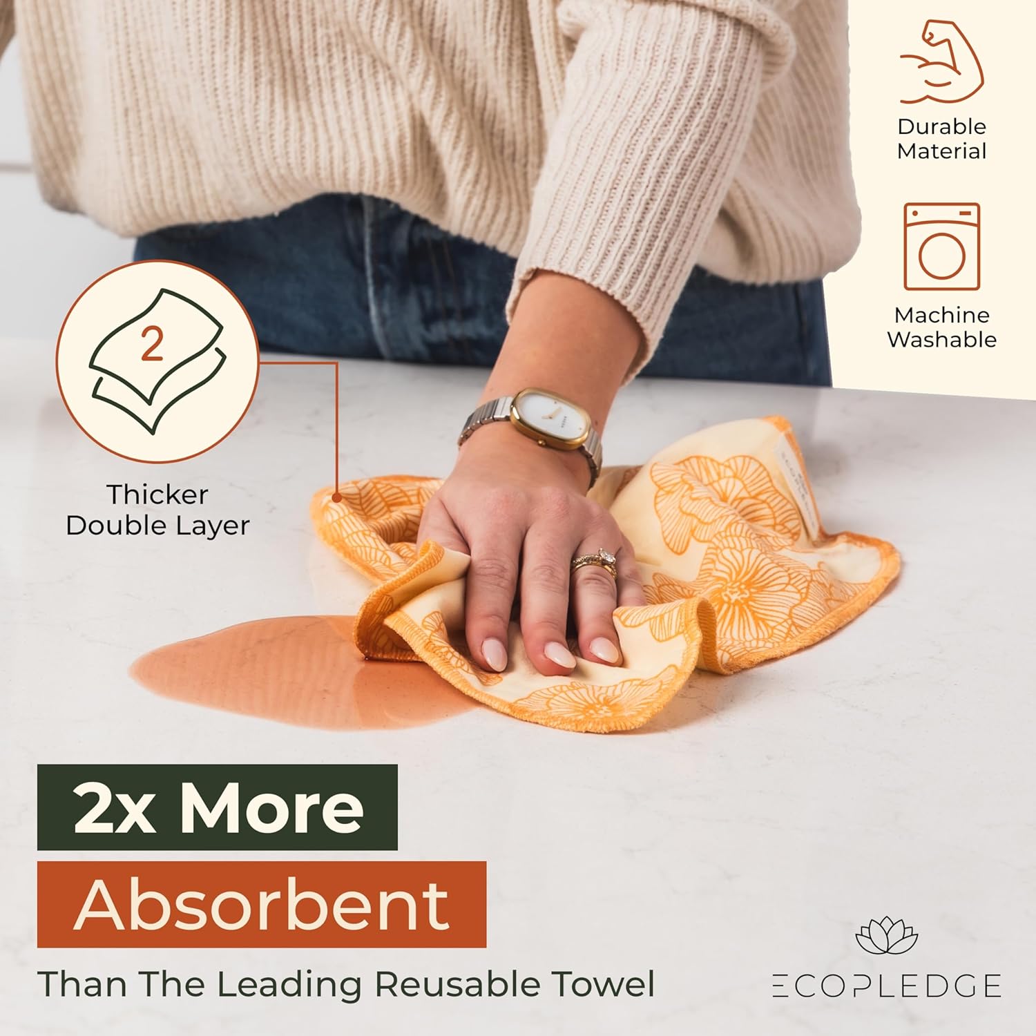 Reusable Paper Towels Washable Roll - Thick 12-pc Two Layered Ultra Absorbent Paperless Certified Organic Cotton Towels - Large Cloth Kitchen Paper Towel with Hanging Loop - Image 2