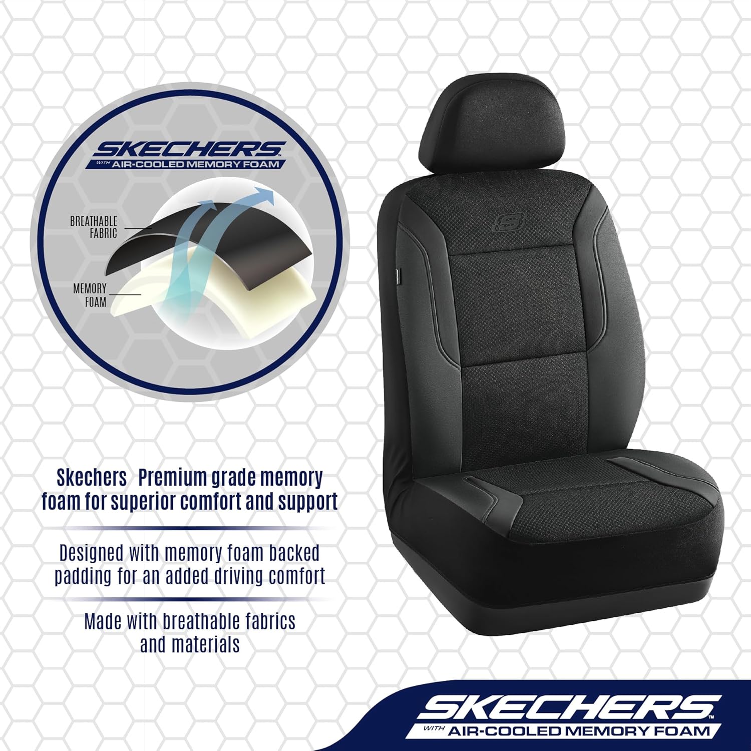 Skechers Memory Foam Leather Car Seat Covers, Air Cool Mesh Thick Seat Covers, Two Front car seat Protector, Airbag Compatible, Automotive Comfort Protection for Most Cars, Vans, Trucks, SUV (Black) - Image 3