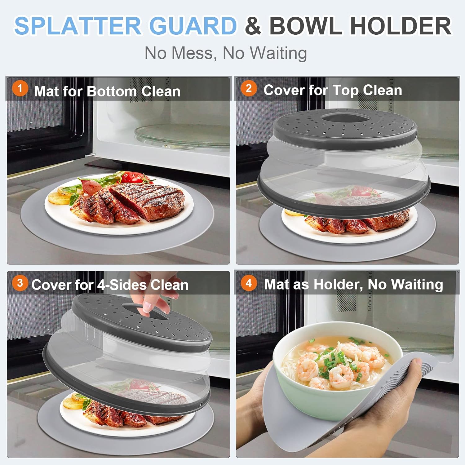 10 Inch Microwave Food Cover & Collapsible Silicone Mat - Splatter Guard, Plate Holder & Kitchen Colander for Meal Prep, Charcoal - Image 3