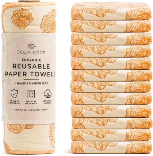 Reusable Paper Towels Washable Roll – Thick 12-pc Two Layered Ultra Absorbent Paperless Certified Organic Cotton Towels – Large Cloth Kitchen Paper Towel with Hanging Loop