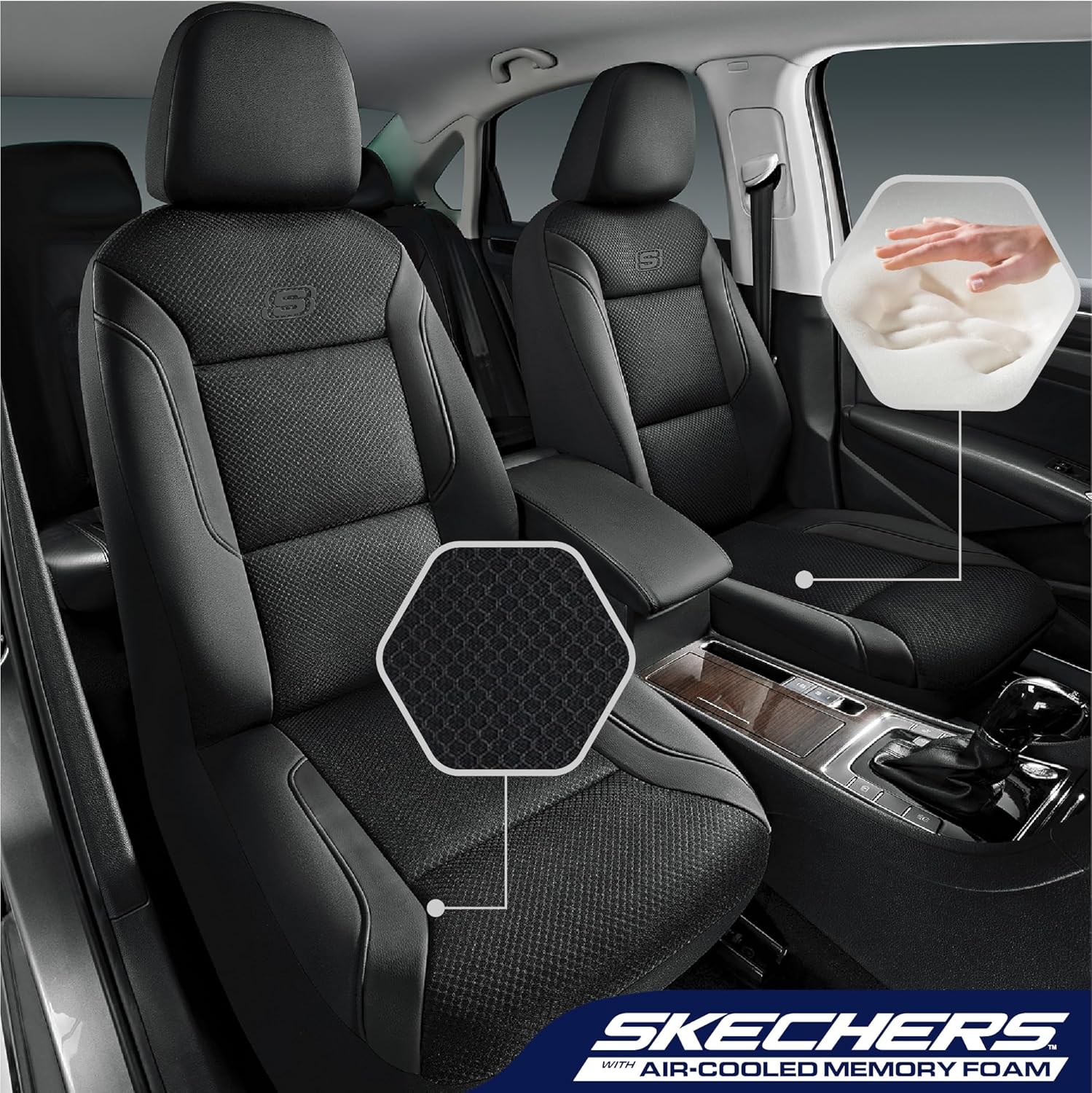 Skechers Memory Foam Leather Car Seat Covers, Air Cool Mesh Thick Seat Covers, Two Front car seat Protector, Airbag Compatible, Automotive Comfort Protection for Most Cars, Vans, Trucks, SUV (Black) - Image 2