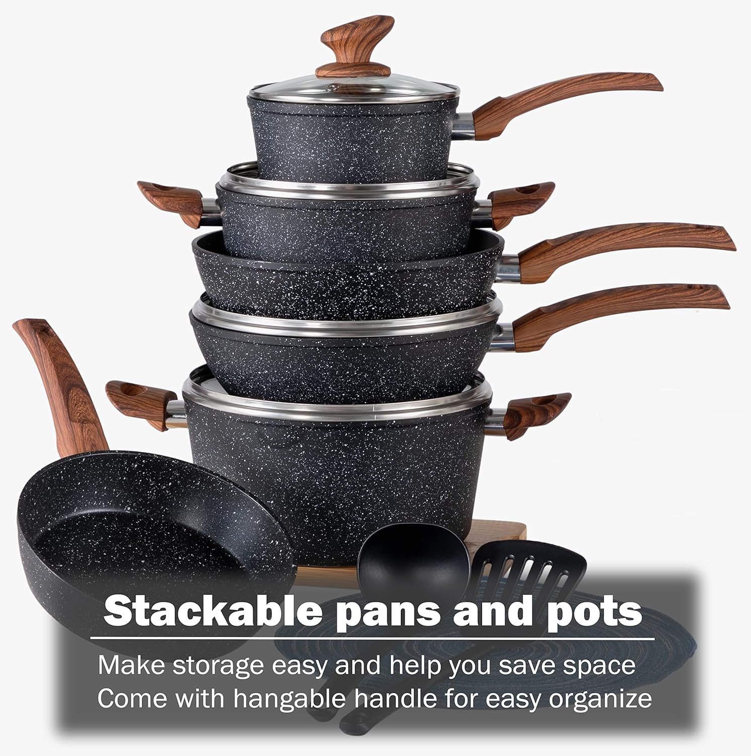 Kitchen Academy Induction Cookware Sets - 12 Piece Cooking Pan Set, Granite Black Nonstick Pots and Pans Set - Image 5